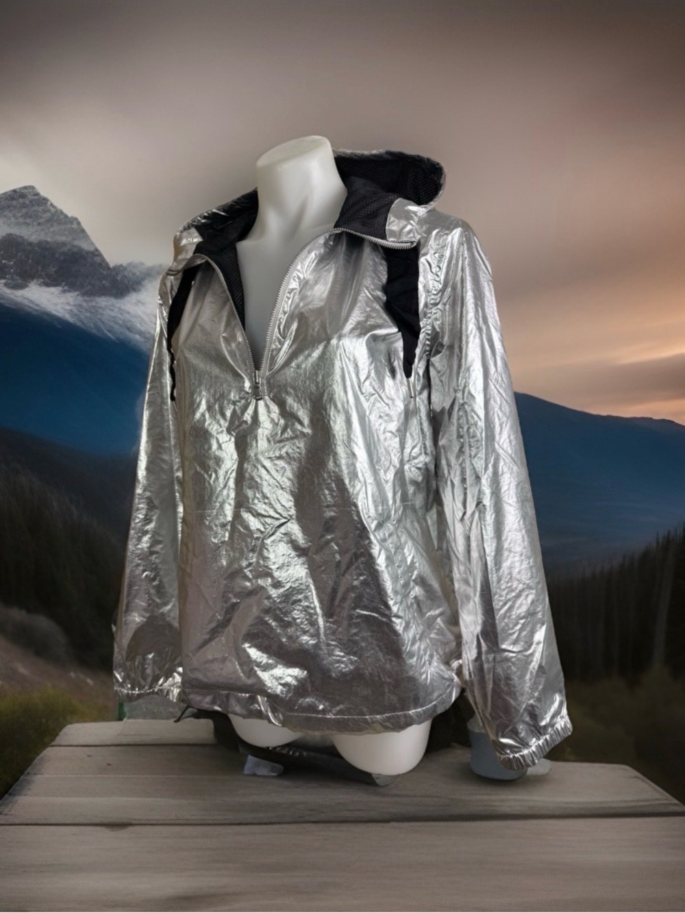 Old Navy Silver Hooded Windbreaker Silver Metallic Bomber Pullover Jacket